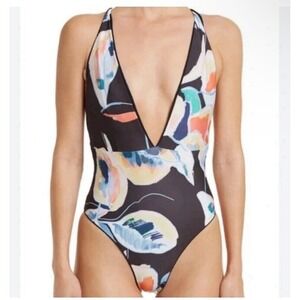 NEW $154 Maaji [ Large ] Jungle Plunge One-Piece Swimsuit Black Rib/Floral T1971